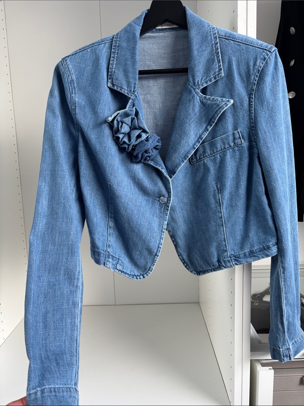 Light Blue Denim Cropped Jacket with Floral Lapel - Women